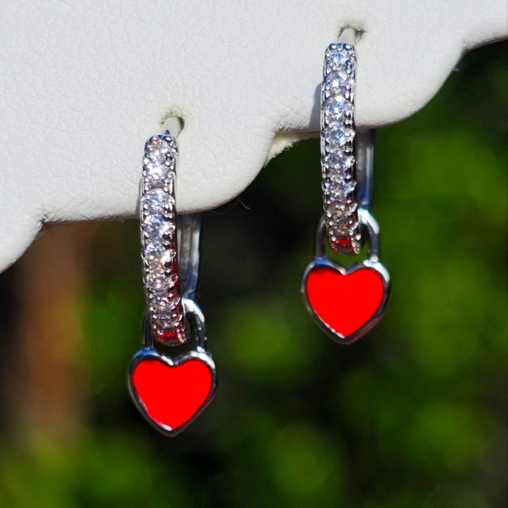 925 STERLING SILVER RED HEART ENAMEL DANGLE DIAMOND CRYSTAL CZ HUGGIE HOOPS☆NEW